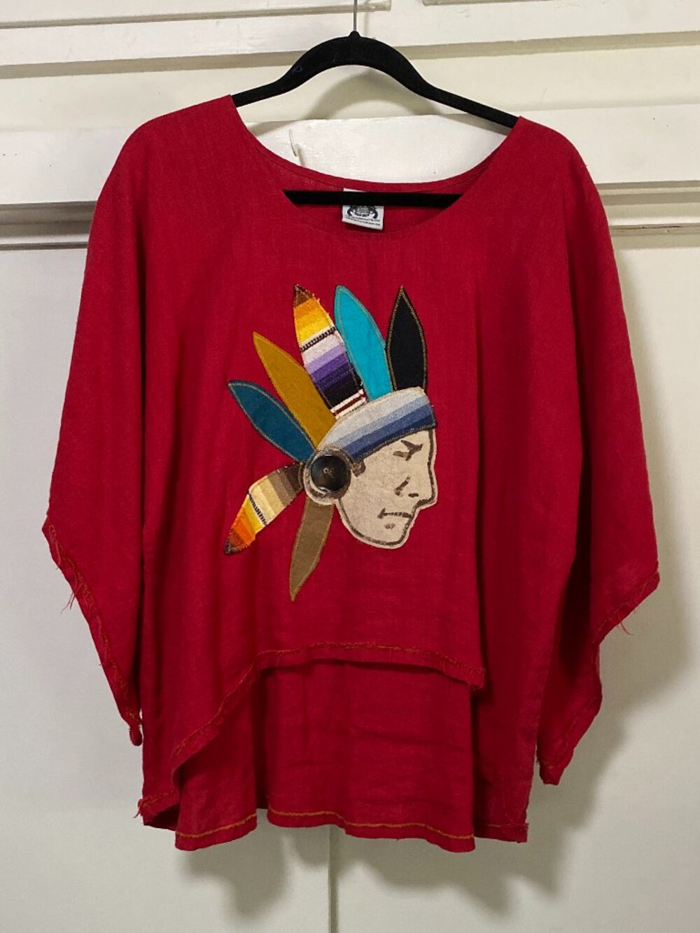 Rodeo Royalty Road Show, red burlap, rough ends kimono style top, size L